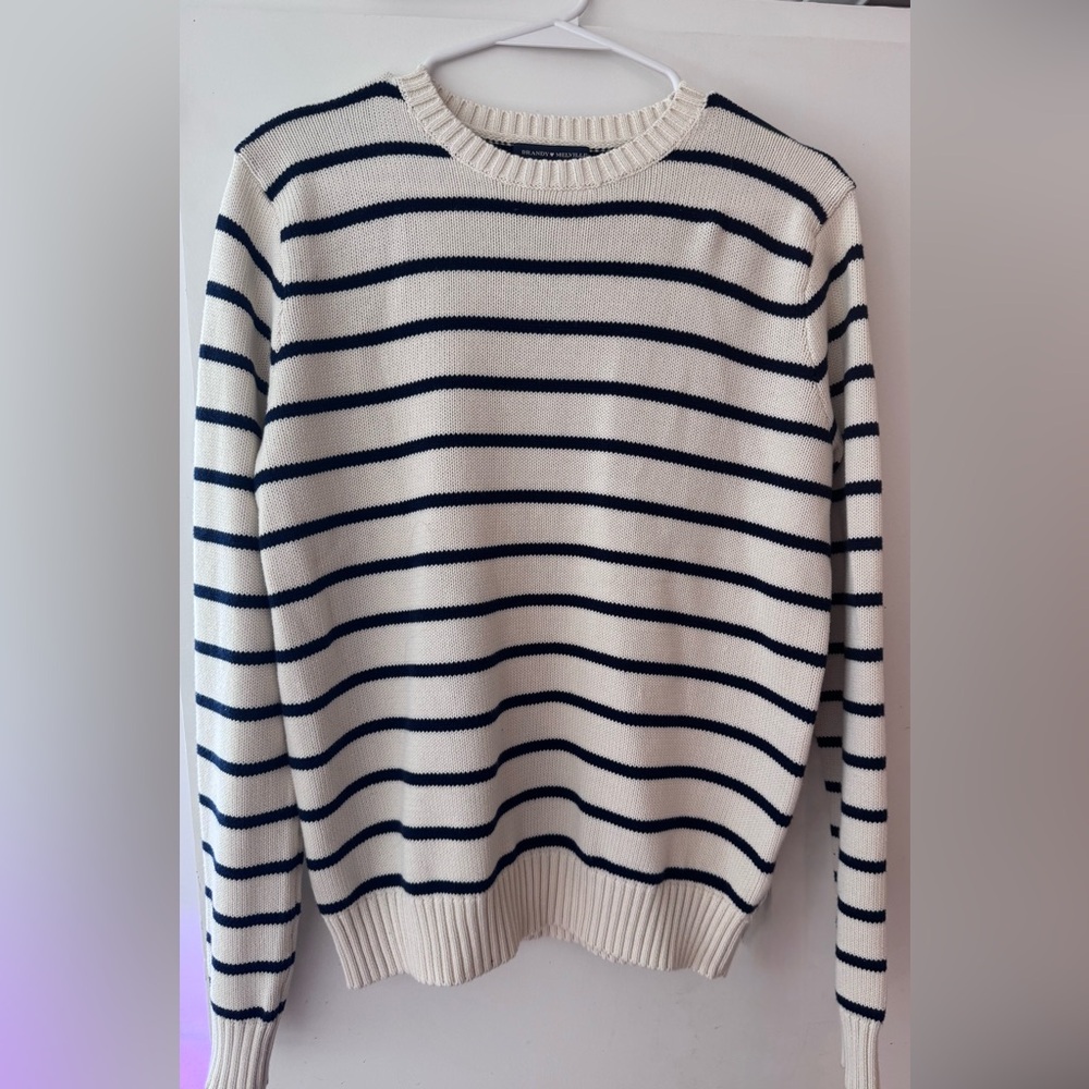 Navy and Off-White Striped Women's Crew Neck Sweater